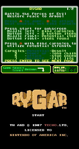 Rygar: The Legendary Warrior [PlayChoice] (ARC)   © Tecmo 1987    1/3
